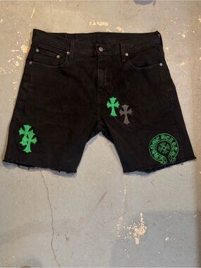 Levi's Black Denim Shorts with Green Cross Embroidery